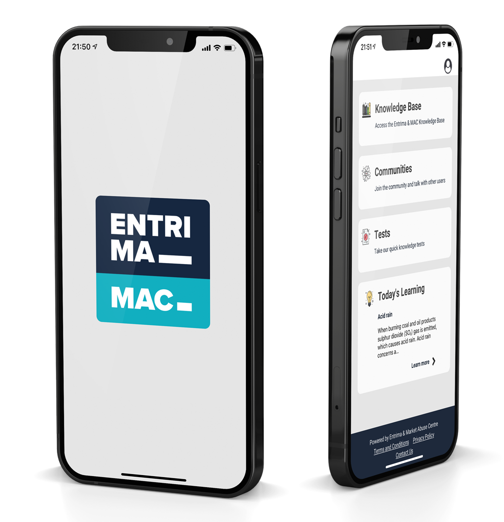 Two smartphones showing the Entrima - MAC app in which you can test your knowledge, acquire new knowledge and engage with the community.